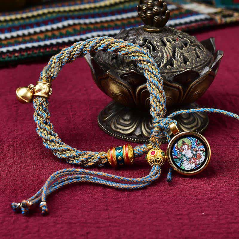 Braccialetto con ciondolo a forma di campana della ruota di preghiera tibetana, fatto a mano, con protezione dalla fortuna, Thangka
