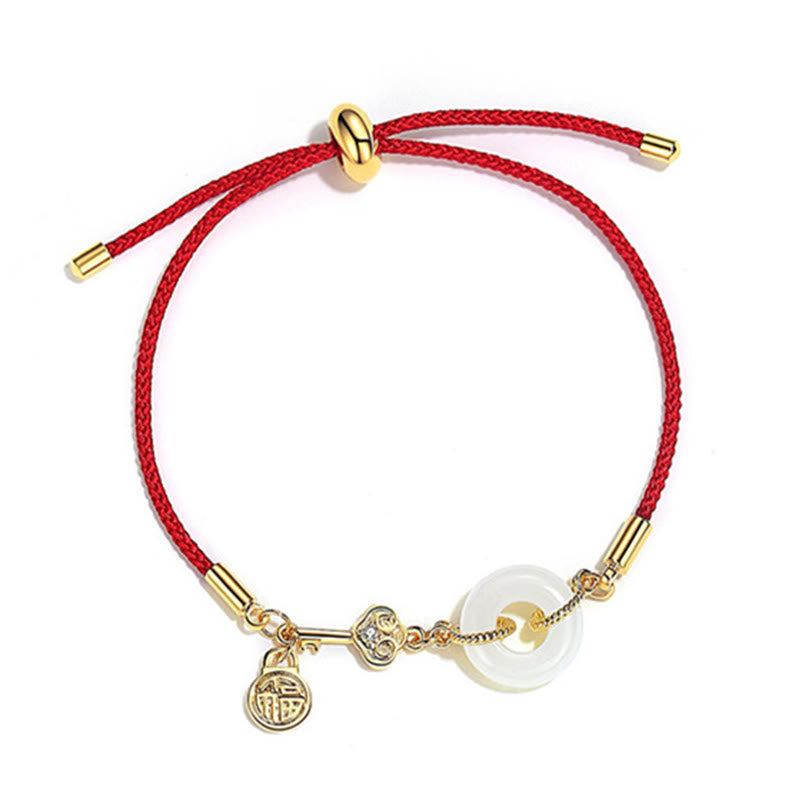 Braccialetto in corda rossa con fibbia della pace in giada Hetian placcato oro 18K con carattere Fu e Buddha Stones