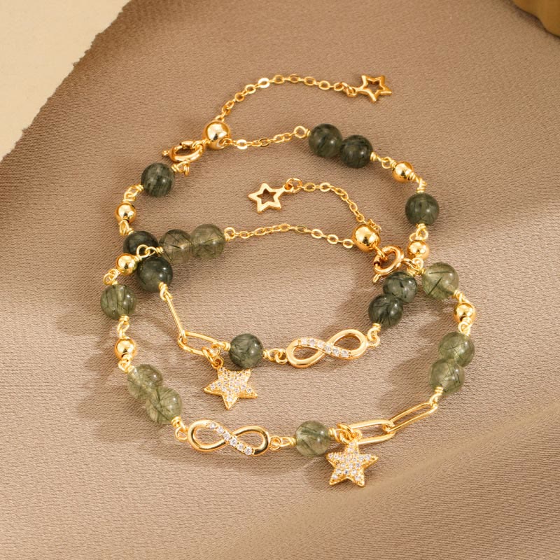 Bracciale Buddha Stones in oro 14K con quarzo rutilato verde e anello Möbius, protezione della stella dell'amore eterno