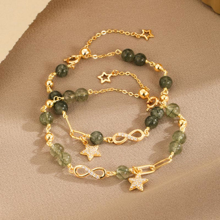 Bracciale Buddha Stones in oro 14K con quarzo rutilato verde e anello Möbius, protezione della stella dell'amore eterno