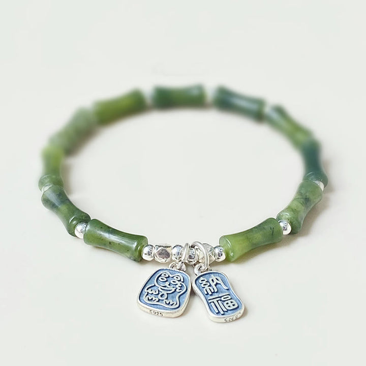 Bracciale Buddha Stones 925 Sterling Silver Bamboo Jade Lucky Cat Fu Character Luck Abundance