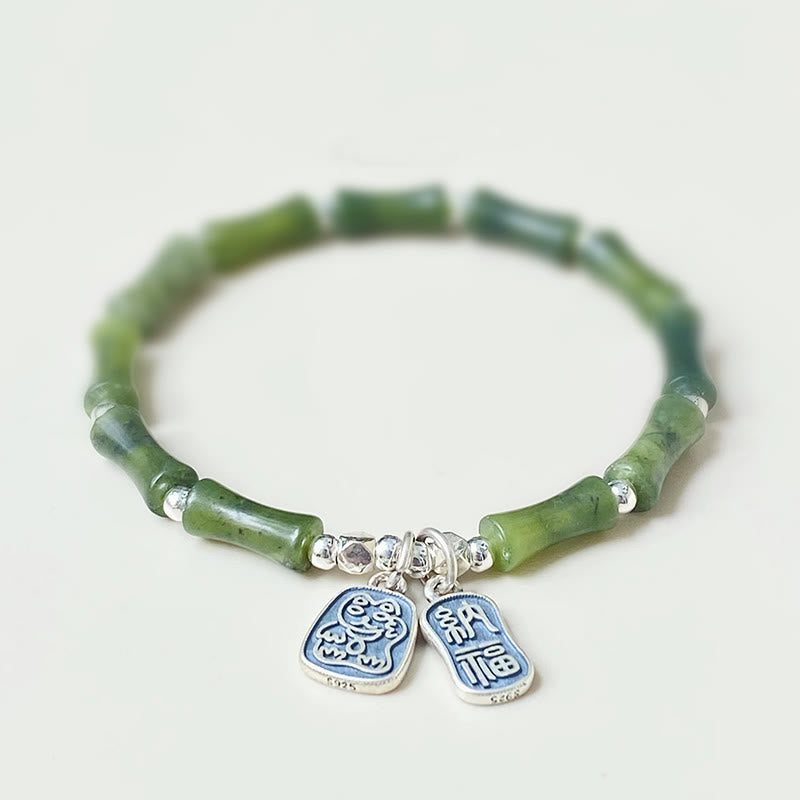 Bracciale Buddha Stones 925 Sterling Silver Bamboo Jade Lucky Cat Fu Character Luck Abundance - 16 centimetri - image 1