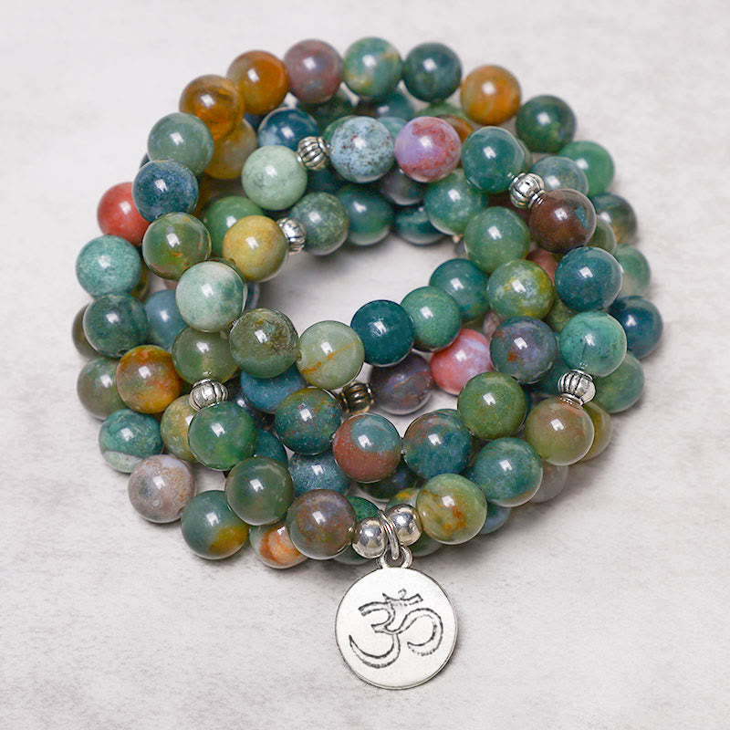 Buddha Stones 108 Mala Beads Agata indiana Loto OM Buddha Albero della vita Braccialetto di calma positiva
