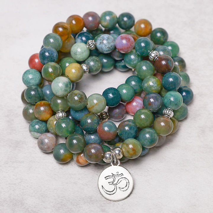 Buddha Stones 108 Mala Beads Agata indiana Loto OM Buddha Albero della vita Braccialetto di calma positiva