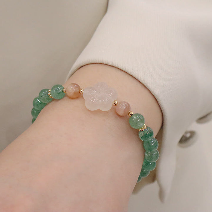 Braccialetto della gratitudine con fiore di calcedonio e quarzo fragola verde naturale Buddha Stones