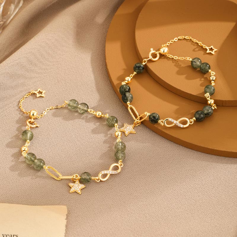 Bracciale Buddha Stones in oro 14K con quarzo rutilato verde e anello Möbius, protezione della stella dell'amore eterno