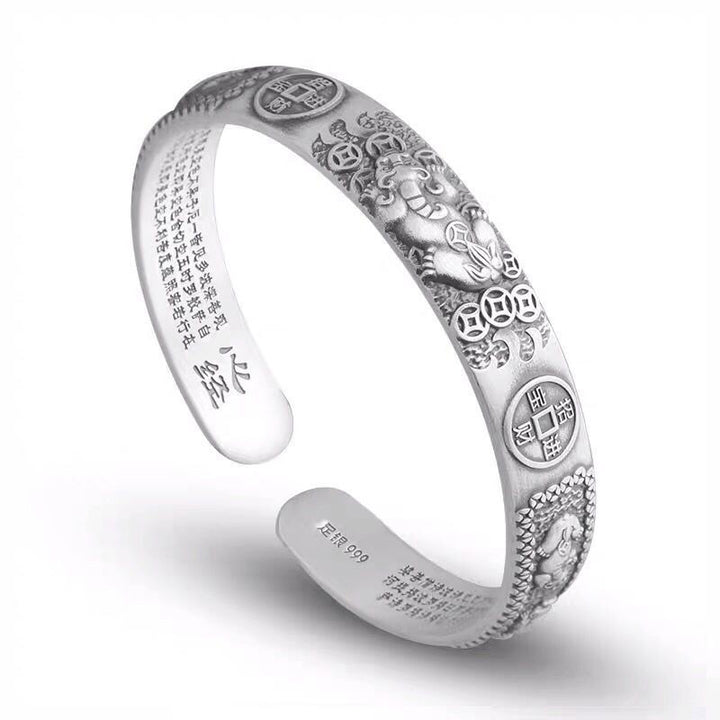 Buddha Stones Tibetano PiXiu Cuore Sutra Moneta Rame Bianco Bracciale Ricchezza Bracciale Regolabile
