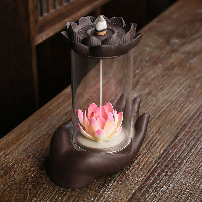 Buddha Stones Mano di Buddha Loto Illuminazione LED Luce Viola Argilla Ceramica Bruciatore di Incenso Decorazione