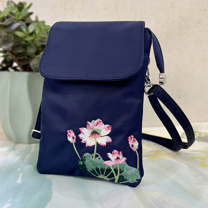 Borsa a tracolla con fiori di loto ricamati a mano, impermeabile , Buddha Stones , borsa per cellulare