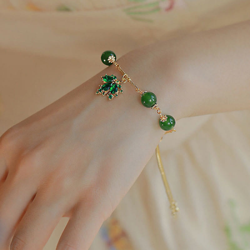 Bracciale Buddha Stones placcato oro 14k calcedonio verde foglia d'acero coraggio forza