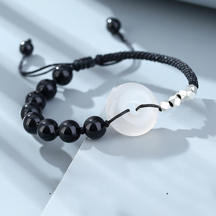Bracciale Buddha Stones 925 Sterling Silver Ossidiana Nera Agata Fibbia della Pace Forza