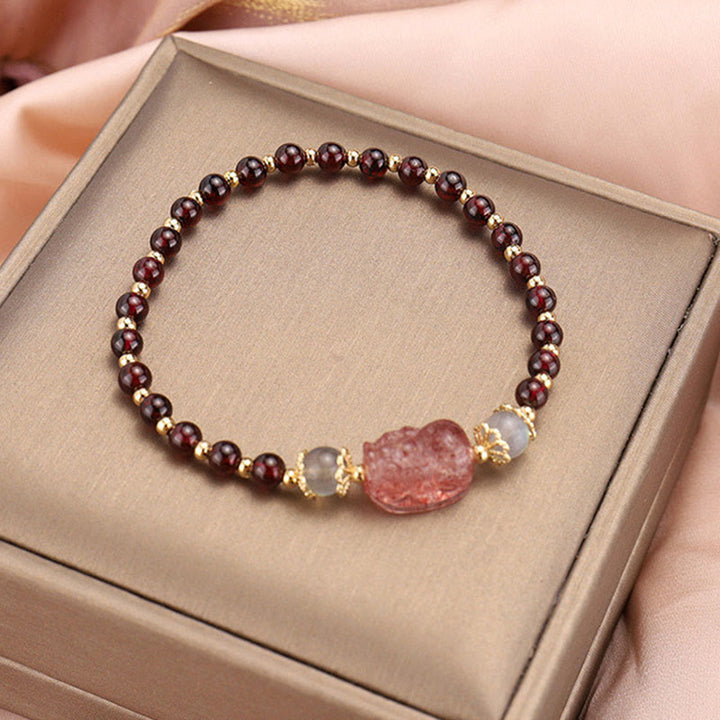 Braccialetto di protezione in pietra di luna PiXiu con quarzo fragola, tormalina naturale e granato Buddha Stones