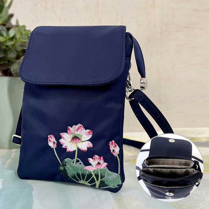 Borsa a tracolla con fiori di loto ricamati a mano, impermeabile , Buddha Stones , borsa per cellulare