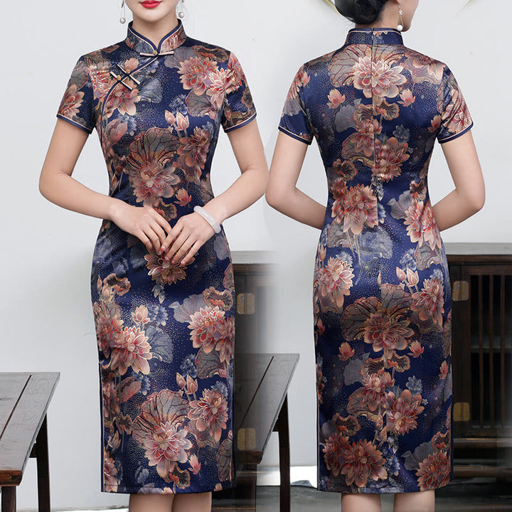 Abito da donna in cheongsam con stampa di piume di peonia e fiori di loto retrò Buddha Stones
