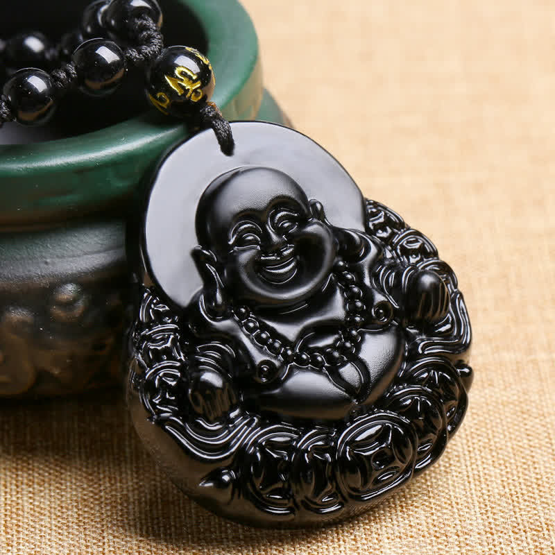 Collana con ciondolo Buddha Stones Laughing Buddha in ossidiana nera, forza e protezione - image 2