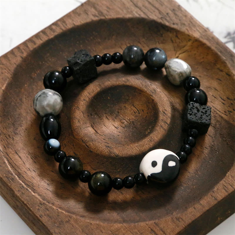 Braccialetto di protezione della fortuna Yin Yang con perline di diaspro Picasso in onice nero Buddha Stones - image 8
