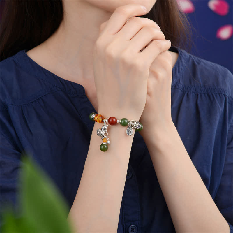 Bracciale Buddha Stones 925 Sterling Silver Hetian Cyan Jade Zucca Ambra Successo