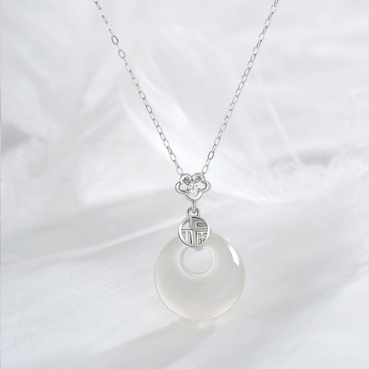 Buddha Stones 925 Sterling Silver Agata Bianca Fu Carattere Felicità Fortuna Collana Pendente