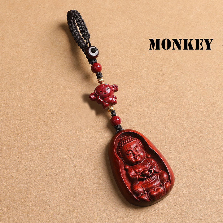 Buddha Stones Piccola foglia Sandalo rosso Buddha Cinabro Zodiaco cinese Amuleto Protezione Portachiavi