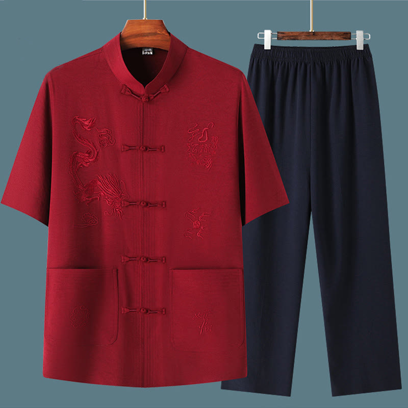 Buddha Stones Tang Suit Hanfu Drago Cinese Tradizionale Kung Fu Uniforme Manica Corta Top e Pantaloni Abbigliamento Uomo Set
