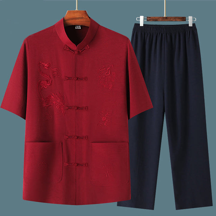 Buddha Stones Tang Suit Hanfu Drago Cinese Tradizionale Kung Fu Uniforme Manica Corta Top e Pantaloni Abbigliamento Uomo Set