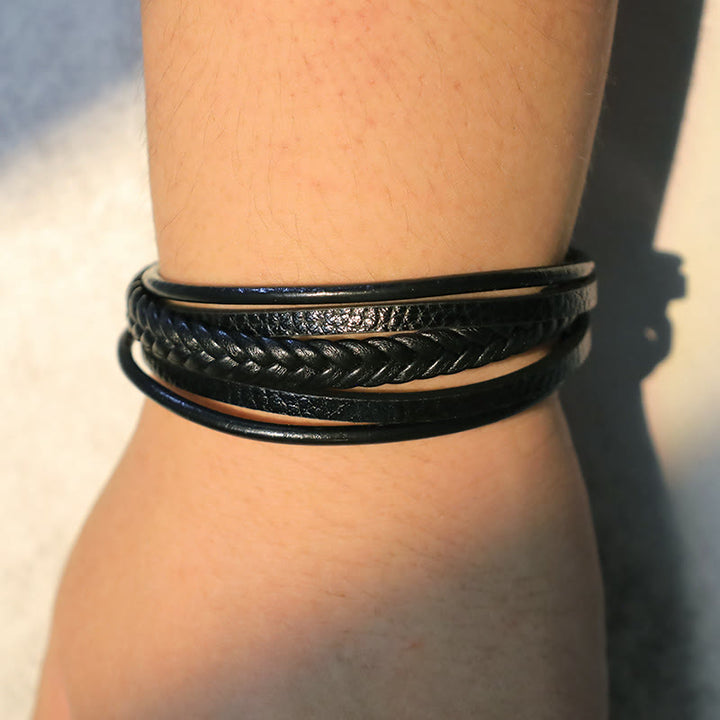 Bracciale in pelle con perline di onice nero e roccia lavica naturale Buddha Stones