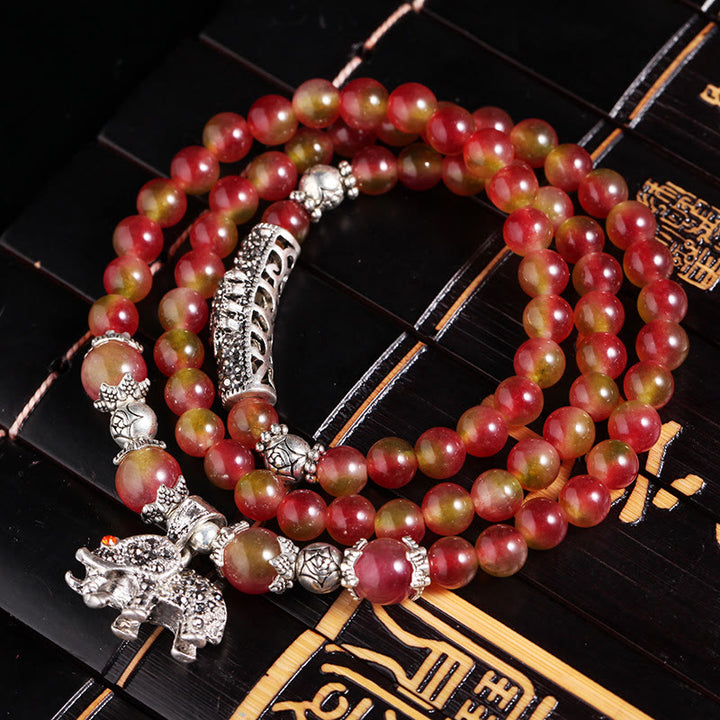 Braccialetto Buddha Stones Natural Watermelon Tormalina PiXiu Elephant Positive Triple Wrap