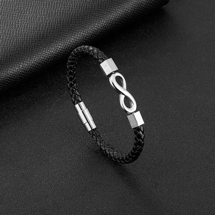 Bracciale Buddha Stones Endless Knot in acciaio al titanio con intreccio in pelle e bilanciamento