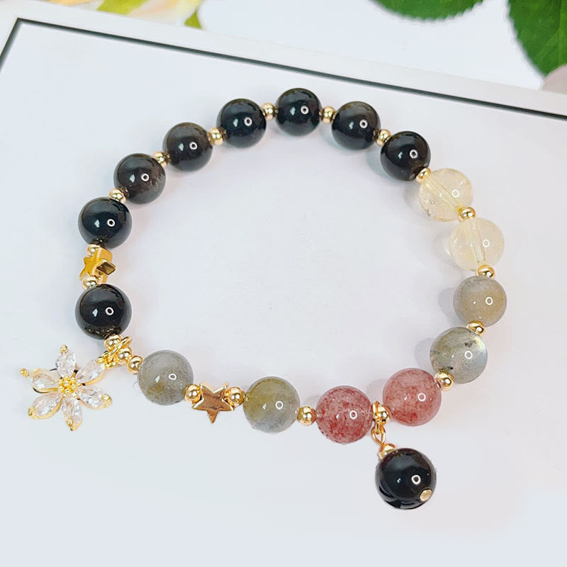 Braccialetto di protezione con cuore, stella e fiore in ossidiana naturale con Buddha Stones argento lucido