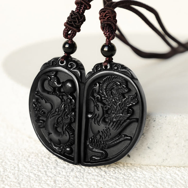 Collana con ciondolo di protezione in ossidiana nera, drago, fenice e Buddha Stones - image 4
