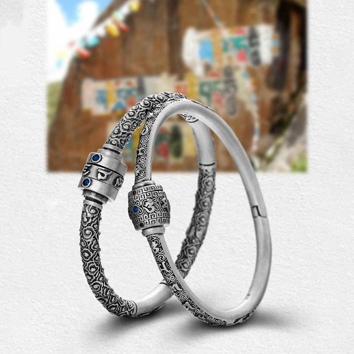 Buddha Stones 990 Sterling Silver Tibetano Auspicious Clouds Om Mani Padme Hum Braccialetto Creatività Inciso