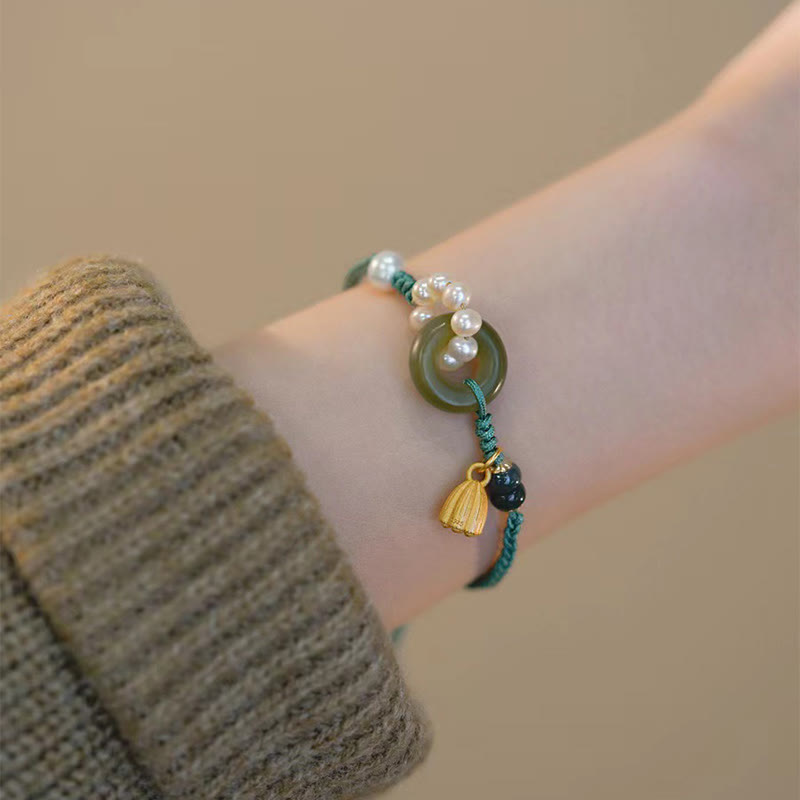 Bracciale intrecciato a mano con perle e giada naturale di Hetian, fibbia della pace, pietre Buddha Stones