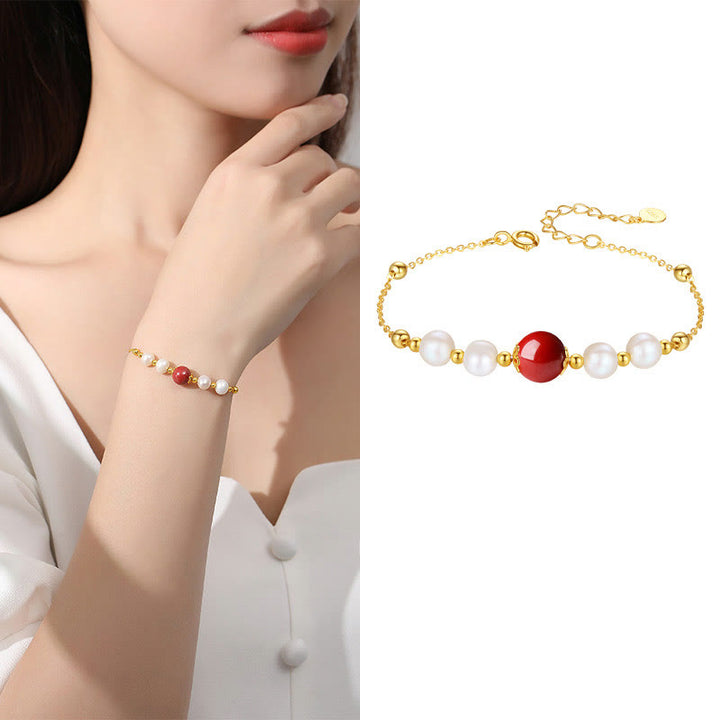 Bracciale a catena con perle curative in argento sterling 925 e cinabro Buddha Stones