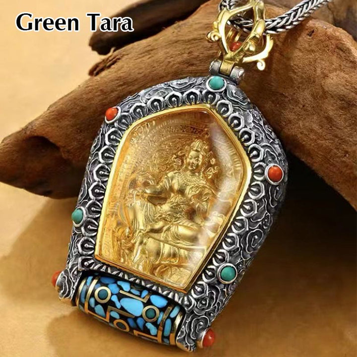 Collana con ciondolo con perline Dzi girevole Tibet Zodiaco cinese Natale Buddha Thangka Prosperità - Tara verde - image 15