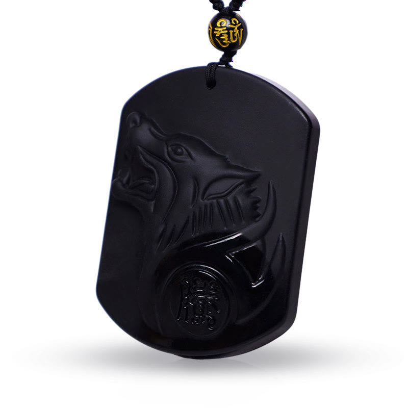 Collana con ciondolo di purificazione del lupo in pietra di ossidiana nera Buddha Stones