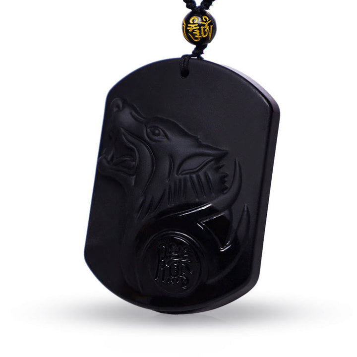 Collana con ciondolo di purificazione del lupo in pietra di ossidiana nera Buddha Stones