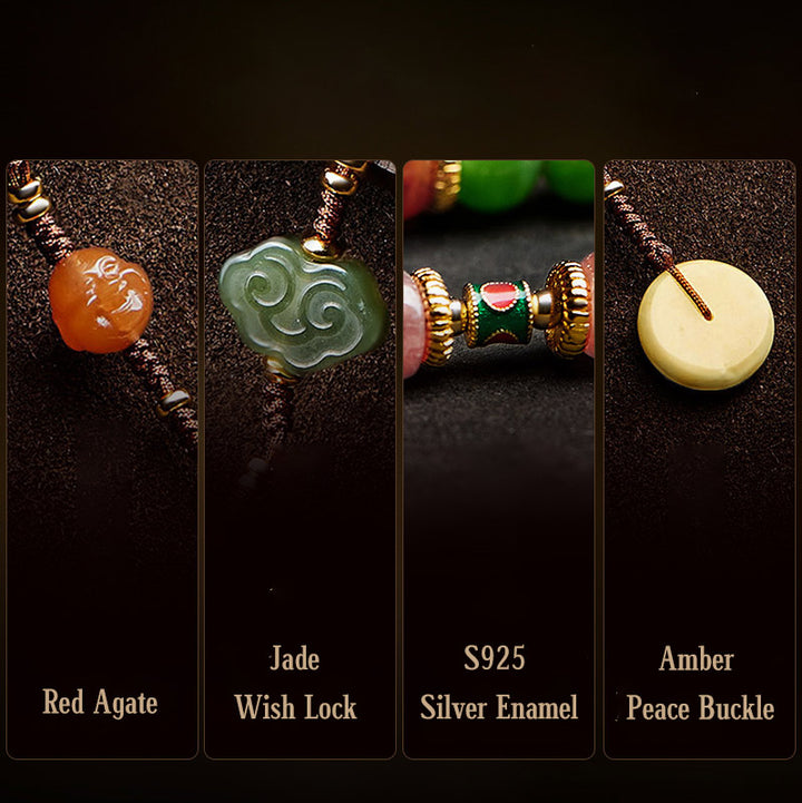Buddha Stones 108 Mala Beads Ciano Giada Agata Rossa Braccialetto della Fortuna del Buddha che Ride