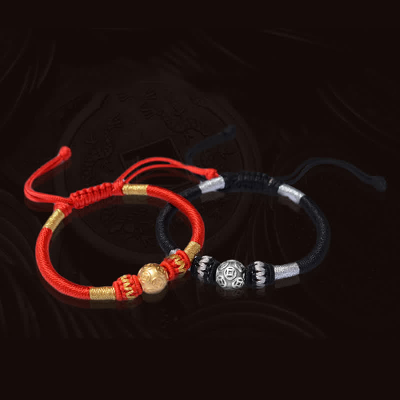 Braccialetto di perline con corda di protezione e portafortuna in argento sterling 999 con monete di rame rotonde Buddha Stones