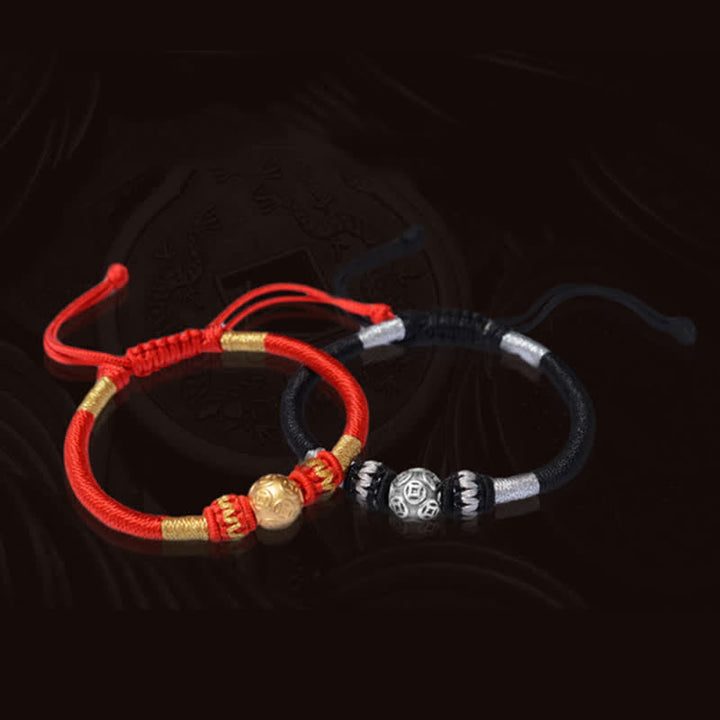Braccialetto di perline con corda di protezione e portafortuna in argento sterling 999 con monete di rame rotonde Buddha Stones