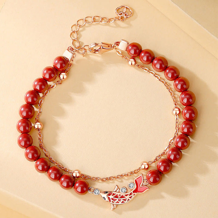 Bracciale a catena a doppio strato con zirconi e cinabro, in argento sterling 925, con pesce koi portafortuna, Buddha Stones