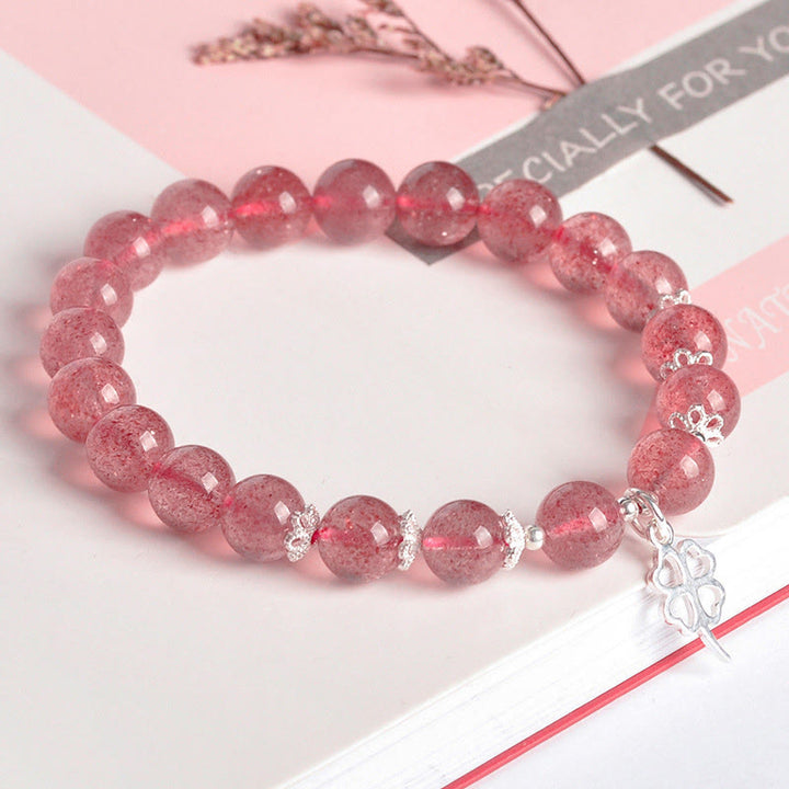 Bracciale Buddha Stones in argento sterling 925 con quarzo fragola e quadrifoglio, amore