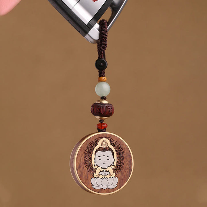 Buddha Stones Legno di ebano Palissandro Buddha Avalokitesvara Om Mani Padme Hum Equilibrio Decorazione della catena chiave dell'auto