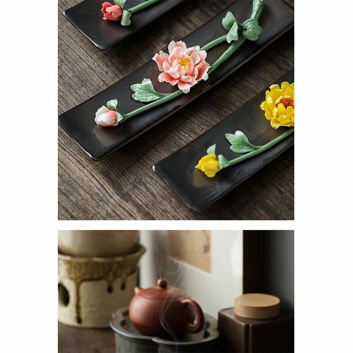 Buddha Stones Lotus Peonia Rosa Fiore Ceramica Bruciatore di Incenso Spirituale