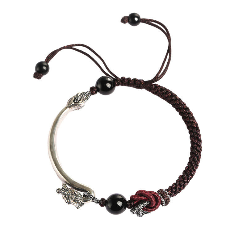 Bracciale intrecciato a mano in argento sterling 925 con drago di buon auspicio Buddha Stones