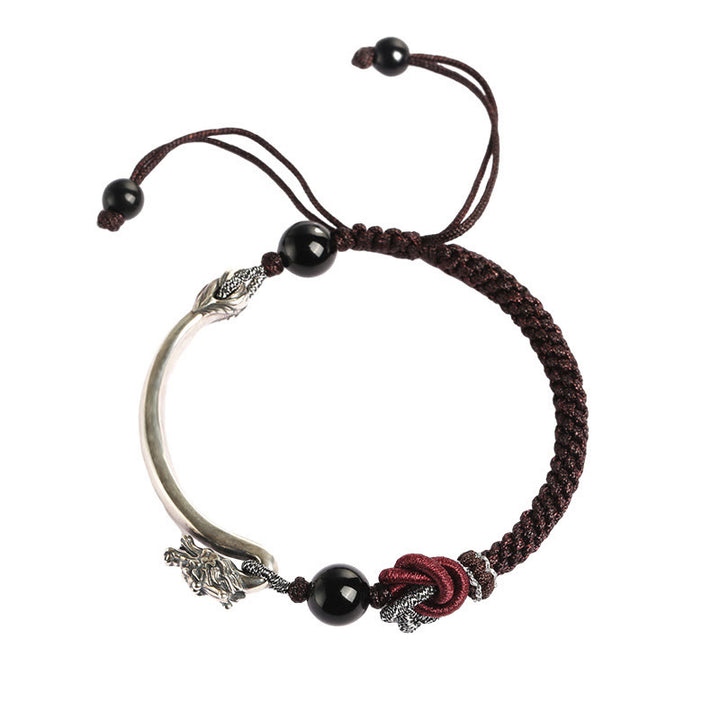 Bracciale intrecciato a mano in argento sterling 925 con drago di buon auspicio Buddha Stones