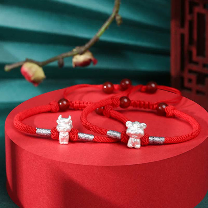 Braccialetto in corda rossa con Buddha Stones in argento sterling 999, zodiaco cinese, fortuna e forza