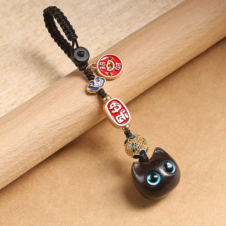 Buddha Stones Legno di ebano Gatto fortunato Nuvola di buon auspicio Pace Portachiavi Telefono Decorazione da appendere - Gatto dagli occhi azzurri - Portachiavi - image 10