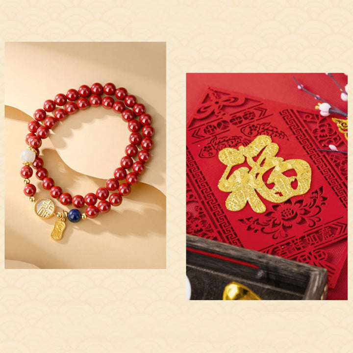 Braccialetto di benedizione a doppio giro con carattere Fu, in argento sterling 925, cinabro e tridacna in pietra Buddha Stones - image 8