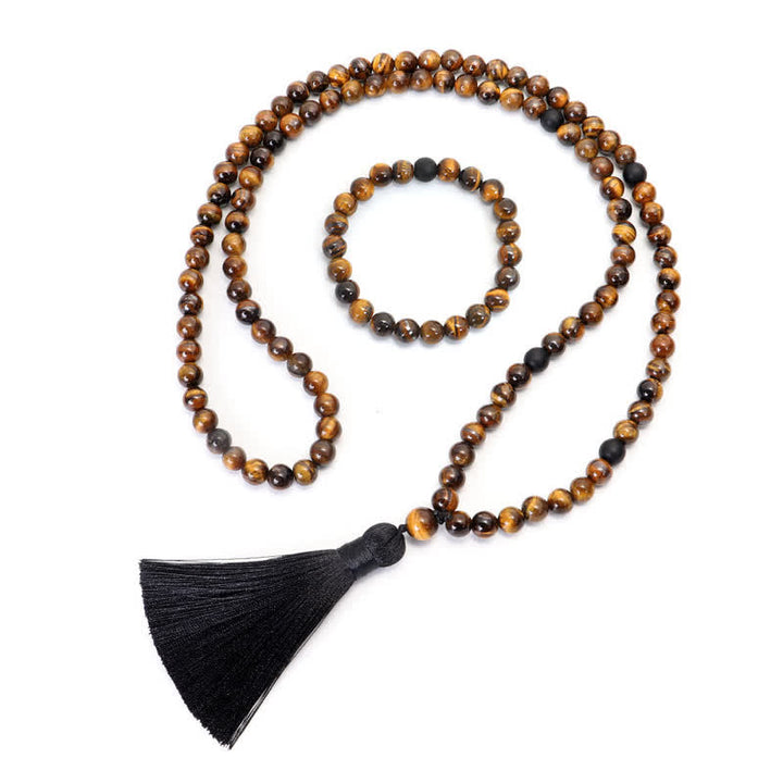 Braccialetto di protezione con nappa in occhio di tigre Buddha Stones, 108 perline Mala
