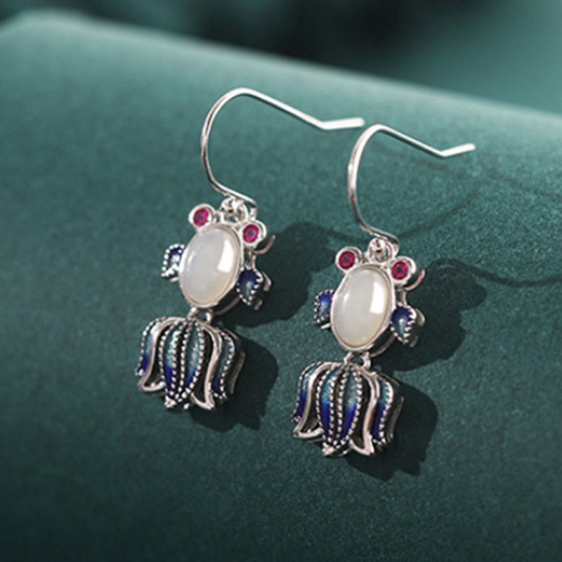 Orecchini pendenti a forma di pesce carino con agata rossa, giada bianca e argento sterling 925